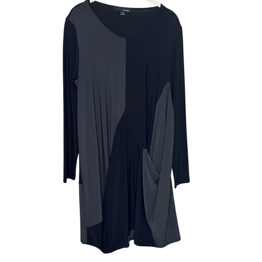 Sun Kim Dress M Black Gray Colorblock Asymmetric Pocket Travel Knit Lagenlook